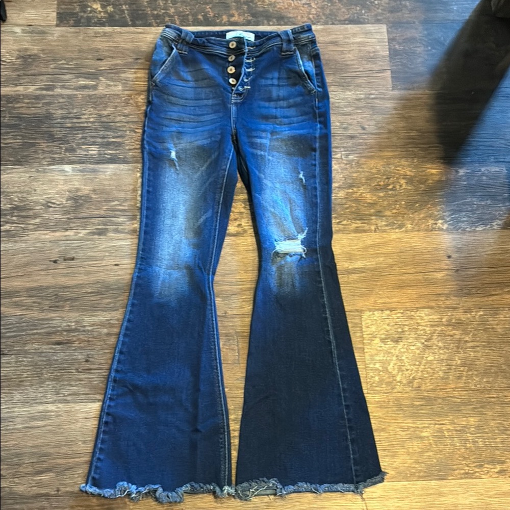 Kancan Distressed Dark Blue Flare Jeans